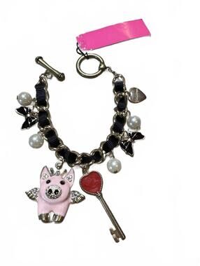 Betsey Johnson Key and Pig Charm Bracelet 5.5 inches